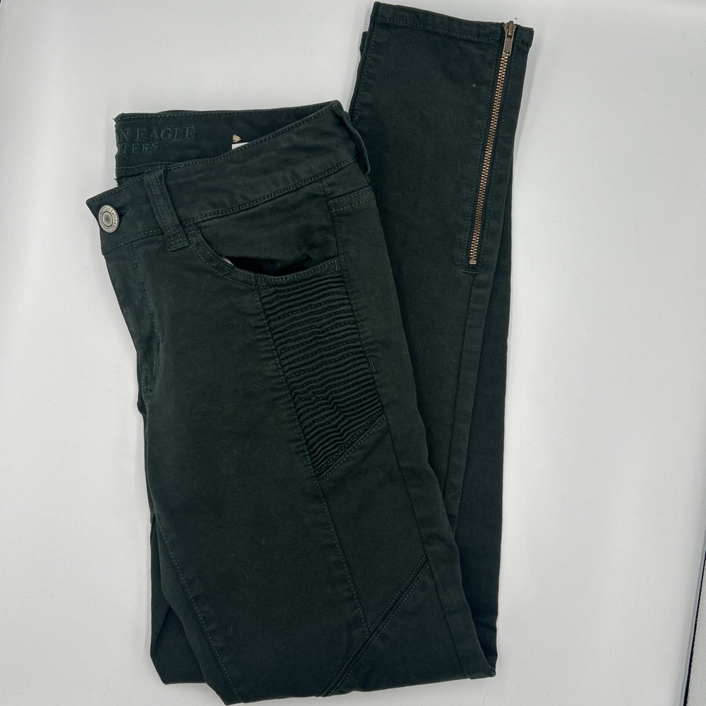 American Eagle Dark Green Moto Zip‎ Ankle Jeggings Super Stretch Low Rise Jeans